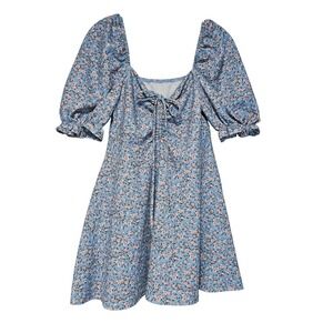 Blue Floral Cottagecore Milkmaid Mini Dress Medium Boho Square Neck Puff Sleeve
